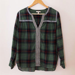 J. Crew Embroidered Peasant Top in Green Plaid